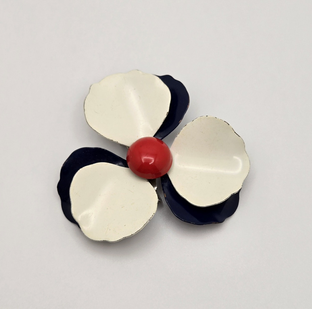 Vintage Flower Brooch Blue White Enamel Layered Pin Patriotic Retro Twee Mod 3D